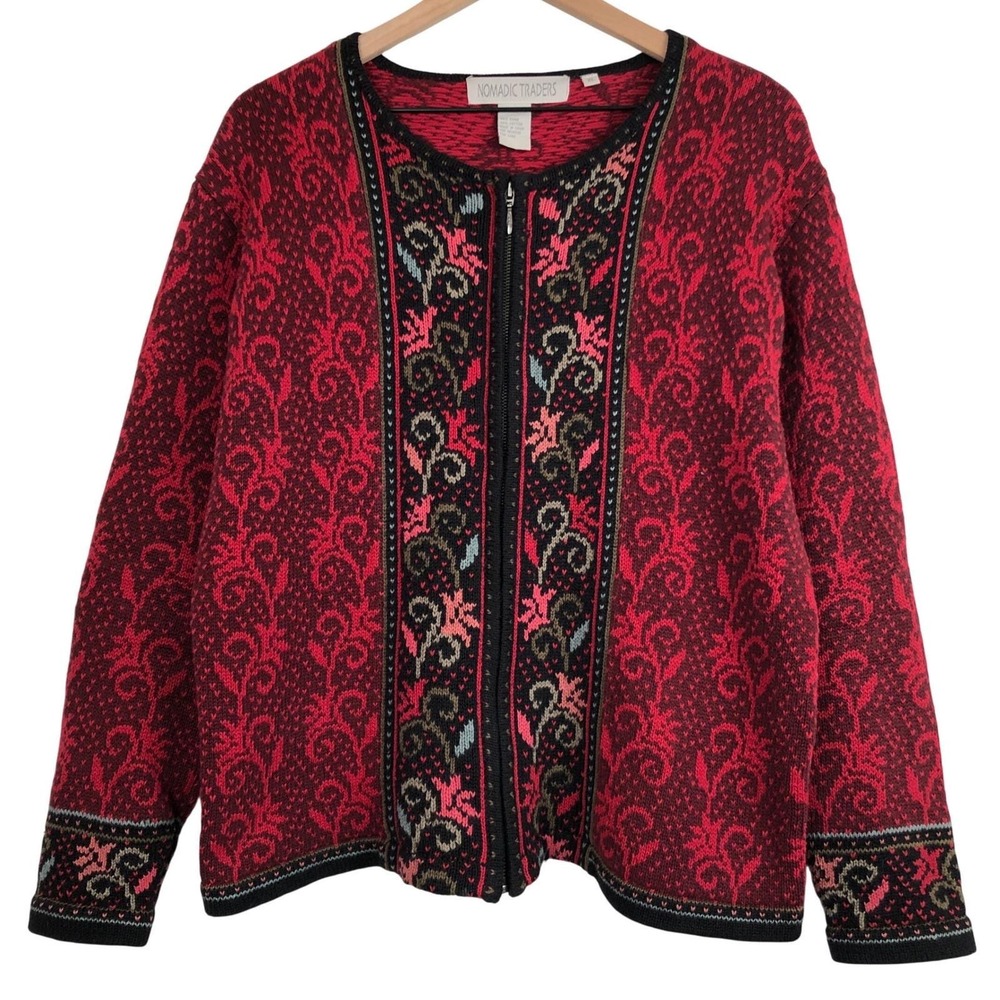 VTG 80s Nomadic Traders Floral Damask Zip Up Cardigan‎ Sweater Sz XL Red Black